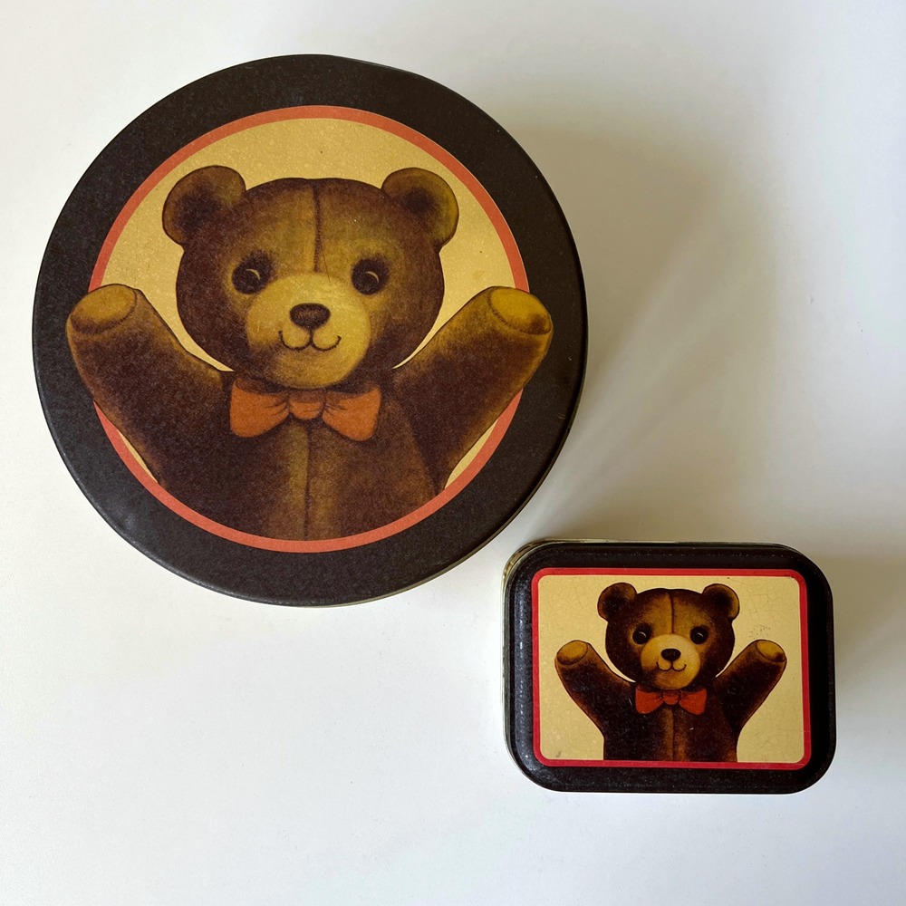 Vintage 1983 Chein Teddy Bear Tin Canisters Round & Rectangle Lot of 2